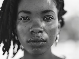Black and white portrait of a woman with dreadlocks, natural beauty, simplicity