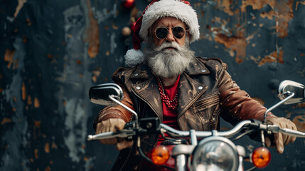 biker man in leather jacket with white beard in elegant santa claus style and attitude on a motorcycle