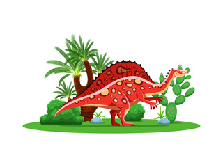 Cartoon dinosaur, prehistoric dino character, Ouranosaurus in jungle forest, vector Jurassic era. Prehistoric dinosaur character of Ouranosaurus dino with funny face for prehistory lizard and reptile