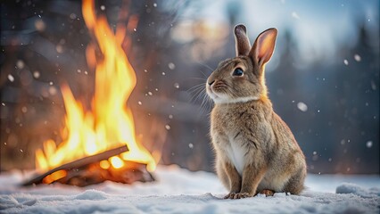 Obraz premium Bunny standing in front of fire, enjoying a snowy winter day , Easter, holiday, celebration, bunny, rabbit, fire, winter, season, cold