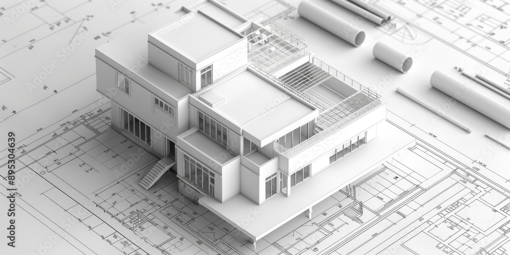 Poster a 3d model of a house sitting on top of a blueprint, perfect for architectural or design concepts
