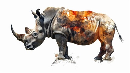 A rhino stands atop a mound of earth, looking out at the viewer