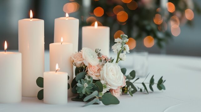 Elegant wedding decor featuring soft candlelight and lush floral arrangements, creating an intimate ambiance perfect for invitations or announcements, with ample space for text.
