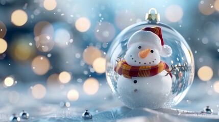A snowman is inside a glass ornament