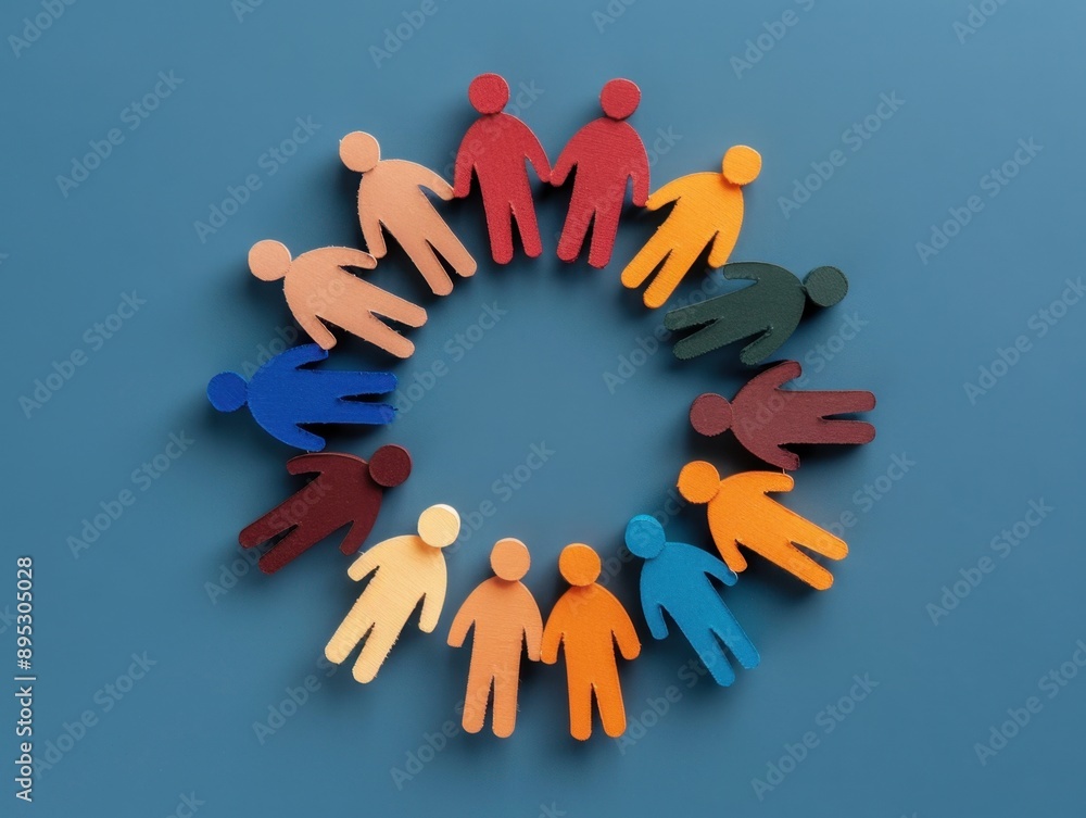 Poster unity in diversity, a vibrant depiction of stylized figures holding hands in a circle, symbolizing c