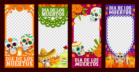 Day of the dead holiday social media template. Vector dia de los muertos mexican vertical empty frames with calavera sugar skulls, marigold flowers, candles and bones to celebrate culture of Mexico