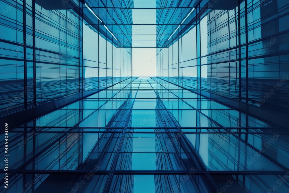Poster a modern glass building viewed from the ground up with reflections and details