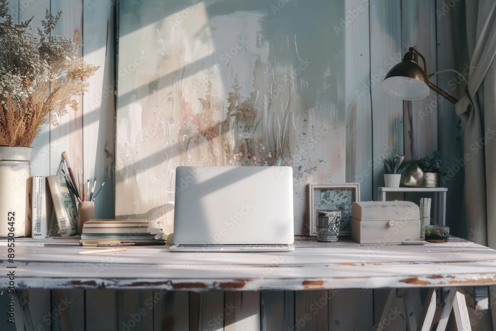 Canvas Prints a laptop computer sitting on a wooden desk