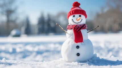 Fototapeta premium A snowman with a red hat and scarf stands in the snow