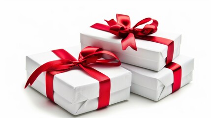 Three white boxes with red ribbons tied to them