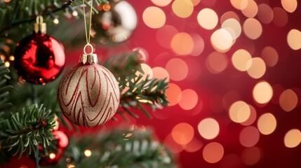 Obraz premium A tree with a red and gold ornament hanging from it