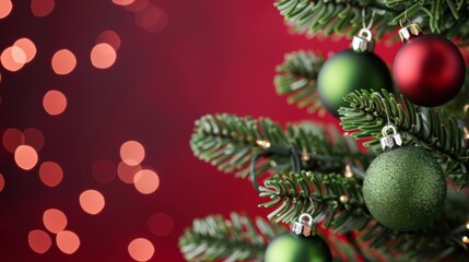 A Christmas tree with green and red ornaments hanging from it