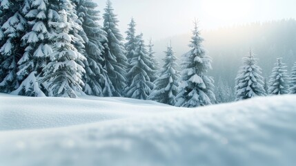 Fototapeta premium A snowy landscape with pine trees and a clear blue sky