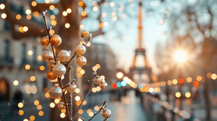 The image showcases decorative holiday lights on tree branches, with the iconic Eiffel Tower illuminated in the background, creating a festive atmosphere in the evening.