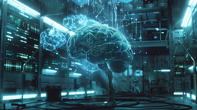 Imaginary scene of a cyber brain interfacing with quantum computing systems and neural circuits