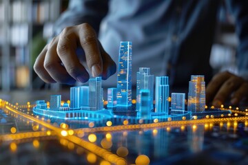 A hand interacts with a digital city. This image showcases the concept of virtual reality and its potential to change how we interact with urban environments.