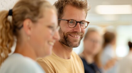 Obraz premium A group of colleagues are having a casual conversation in a bright room, highlighting a collaborative and friendly work environment during a meeting or break.