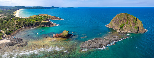 Aerial view of Hon yen island and fishing boat, in Phu Yen, Vietnam