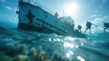 Fototapeta premium Several scuba divers are seen exploring a partly sunken ship in the ocean, capturing an underwater adventure that encompasses exploration and the mysteries of the sea.
