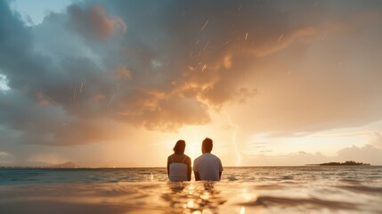 Two people sit together in the shallow waters of the ocean, watching a dramatic stormy sunset unfold in the sky, captured by illuminated clouds and lightning, symbolizing calmness amidst chaos.