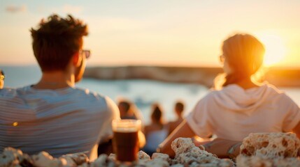 A couple relaxes on rocks by the sea, enjoying a beautiful sunset, showcasing their bond, the peaceful ocean waves, and the warm, golden light of the evening.