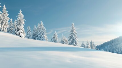 Naklejka premium A snowy hillside with trees and a clear blue sky