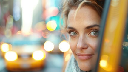A woman in a taxi gazes outside with a soft smile and reflective expression as colorful city lights blur in the background, suggesting hopefulness and contemplation.