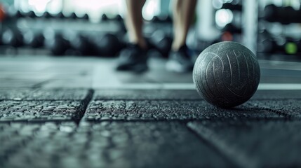 A heavy medicine ball rests on a dark, textured gym floor, with blurred figures in the background, emphasizing the focus on fitness and strength training.