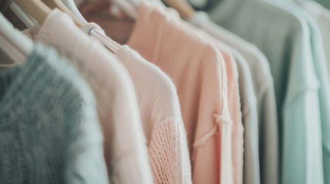 Pastel-colored sweaters are displayed on light wooden hangers, radiating a calm and cozy vibe perfect for a serene and stylish addition to any wardrobe.