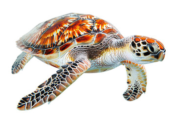 Fototapeta premium Sea Turtle Swimming: An exotic sea turtle in mid-swim against a white background.