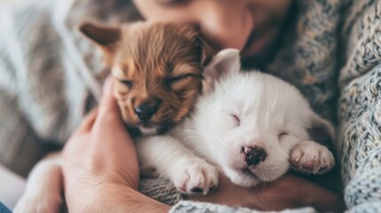 A person lovingly cuddles two adorable puppies, one brown and one white, as they sleep peacefully, capturing a moment of pure love, warmth, and comfort.