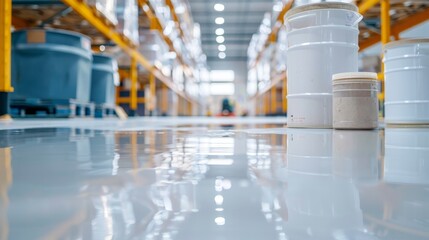 Close-up of a warehouse floor being coated with lustrous epoxy resin, detailed textures and reflections, tools and containers of sealant in the background
