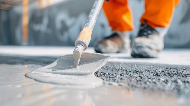 Close-up of a skilled worker applying epoxy resin on a rough ground surface, detailed tools and precise technique, showcasing the strength and resilience