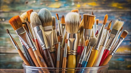 Fototapeta premium An assortment of captivating paint brushes in various sizes and shapes in a container, paint brushes, assorted, sizes, shapes