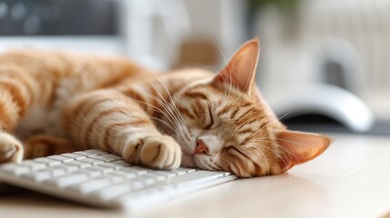 Naklejka premium In this heartwarming image, a ginger cat is comfortably napping on a white computer keyboard, adding a touch of warmth and charm to the modern workspace setting.