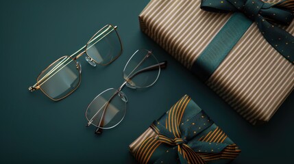 A pair of glasses sitting next to a wrapped gift