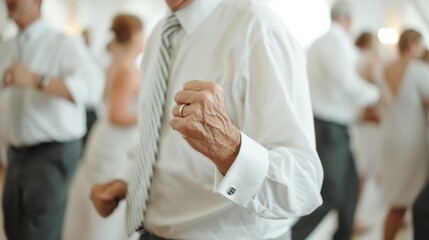 Obraz premium An elegant event with people dancing, focusing on the hand of an older gentleman enjoying the moment. The setting is sophisticated and filled with joyful celebration.