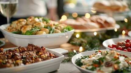 Fototapeta premium A festive dining table spread with a variety of holiday dishes including meats, salads, roasted vegetables, fresh bread, and a glass of white wine with holiday lights background.