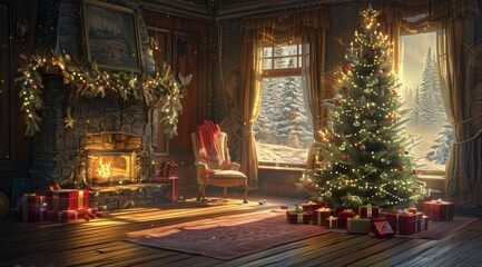 Fototapeta premium Imagine a charming holiday scene in a snowy cabin, celebrating Christmas near a warm fireplace with festive decor, creating a cozy and joyful atmosphere full of cheer and nostalgia