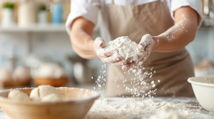 A close-up image of hands kneading soft dough dusted with flour, capturing the essence of baking and cooking in a kitchen environment, emphasizing the hands-on process.