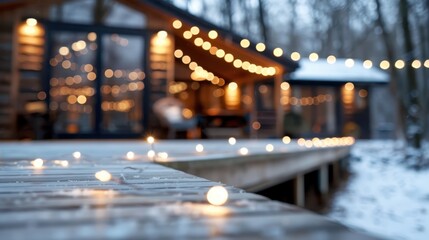 A serene winter scene showcasing a wooden deck adorned with string lights, creating a warm and inviting atmosphere amidst the surrounding snowy wilderness, evoking peace and joy.