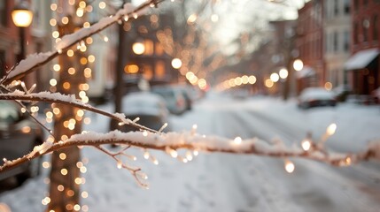 A picturesque snowy street lined with trees wrapped in glowing lights, evoking a cozy and festive neighborhood ambiance, highlighting the beauty and warmth of winter evenings.