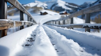 A snow-covered track leads to remote cabins nestled in the mountains, capturing the essence of solitude, tranquility, and the serene beauty of a winter wonderland.