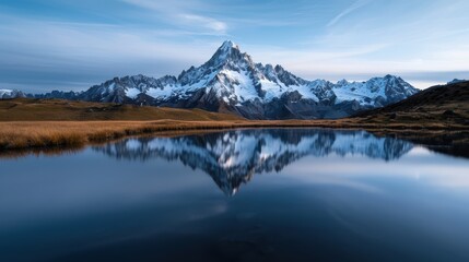 Fototapeta premium A breathtaking view of a majestic, snow-capped mountain perfectly reflected in a calm lake, with vast open fields in the foreground and clear sky above.