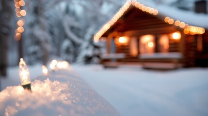 Fototapeta premium A charming log cabin adorned with bright, twinkling lights standing amidst a snow-covered landscape, encapsulating the warmth and festive spirit of winter nights in nature.