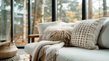 A cozy living room featuring a white couch, fluffy textured pillows, and large windows providing ample natural light, creating a warm and inviting space perfect for relaxation.