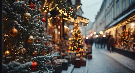 Christmas decoration tree in the shop, winter street market in Europe with copy space background.