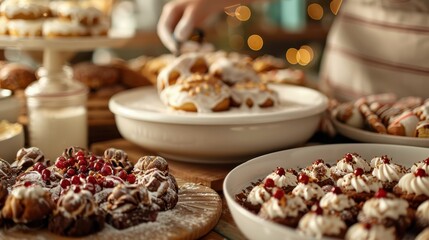 Assorted pastries and cookies on display with festive decorations, powdered sugar dusted on top, and garnished with red berries. It captures holiday and indulgent spirit.