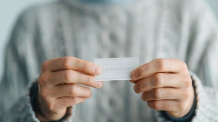 Close-up of hands in a cozy grey sweater, holding a single white sugar packet, highlighting simplicity, routine, and everyday comfort. It showcases daily life elements.