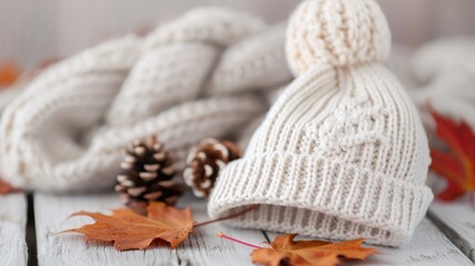 A soft, creamy knit hat with a pom-pom alongside a matching scarf, surrounded by autumn leaves and pinecones, embodying the essence of a cozy fall season.